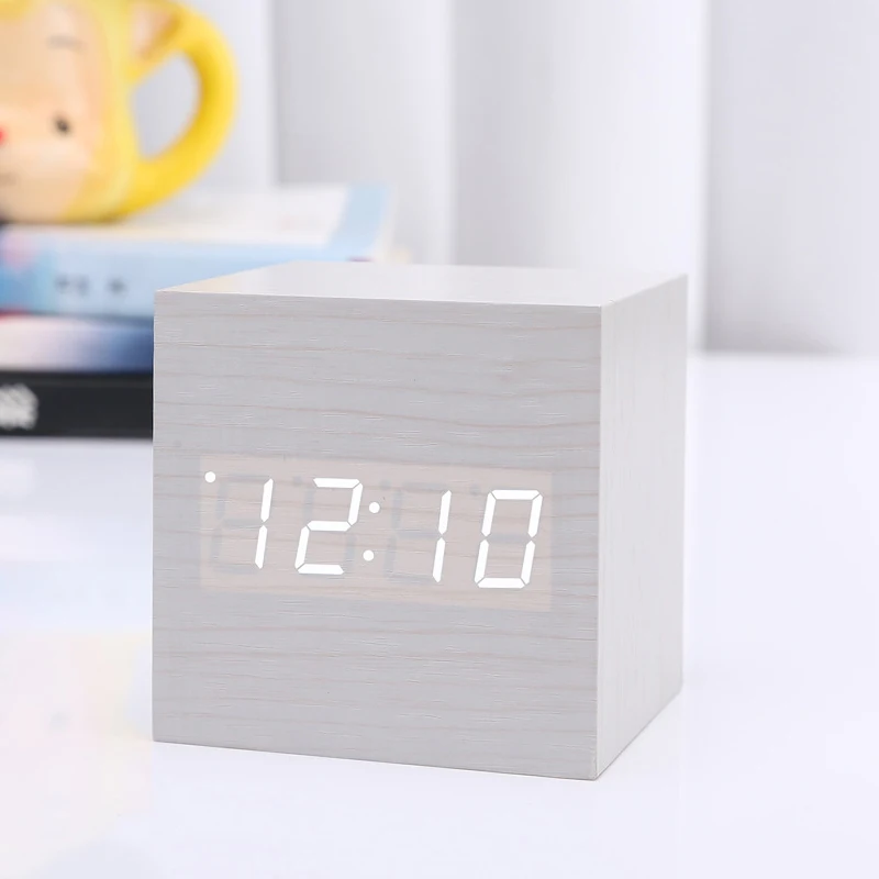 RTS Display Time Temperature LED Digital Desk Clock Adjustable Wooden Alarm Clock