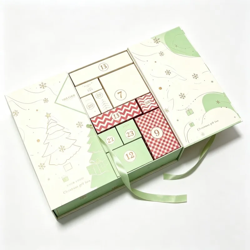 Luho na Berde na Christmas Advent Calendar Box, Double-Door na Gifts para sa Cosmetics, Matigas na Packaging, Pasadyang Box na May Compartments