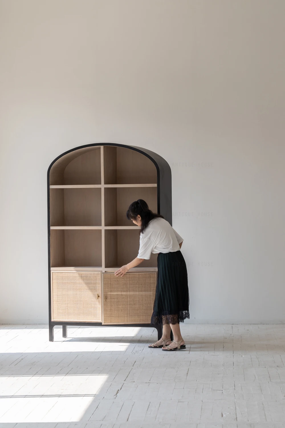 Antique Boho House Organic Furniture Oak Rattan showcase Corner Living Room Accent Arched Storage Wine Cabinets