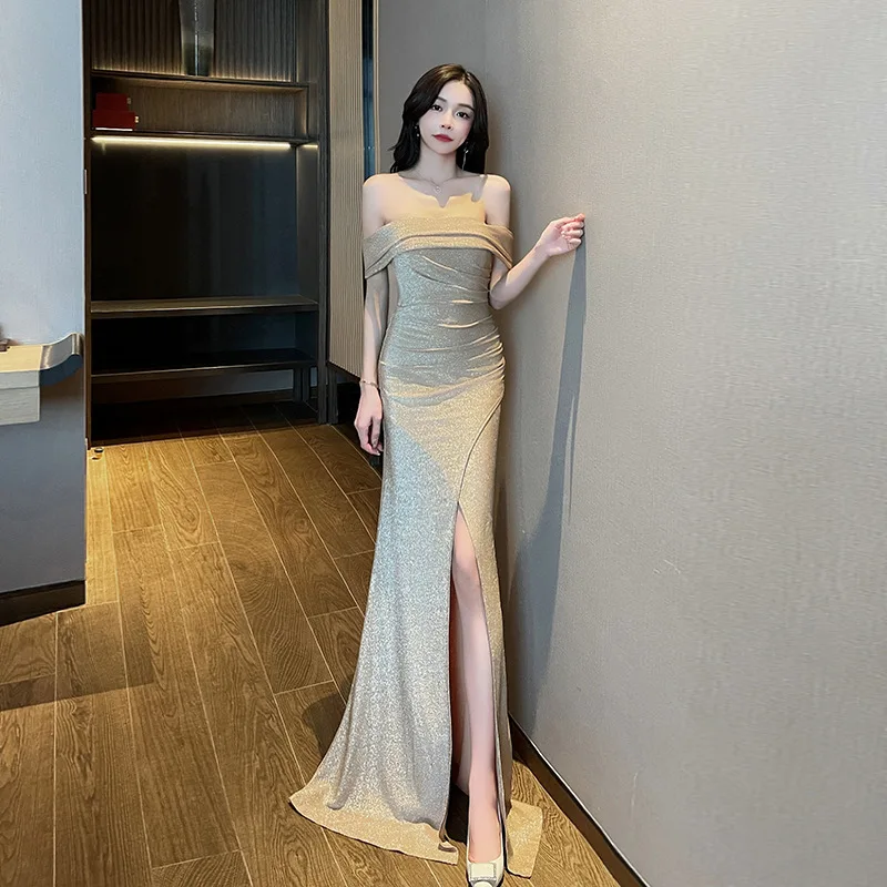 slim fit dress slacks Champagne Pleated Sleeves A-line Formal Dress