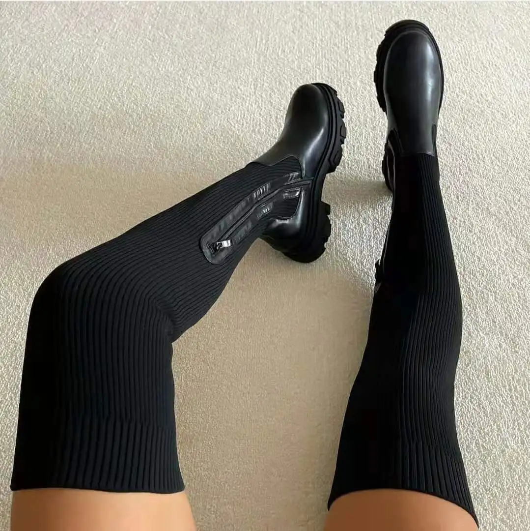 Fallwinter thick-soled over-the-knee boots women's stretch flying knit wool high-top boots round toe breathable single shoes