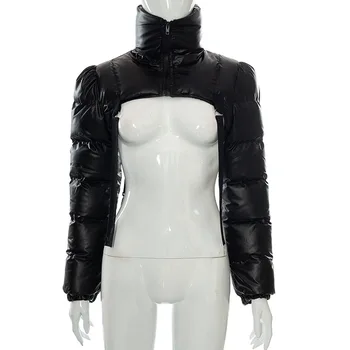 2022 New Winter Women Zipper Crop Coats Turtleneck Leather Down Jacket Solid Backless Bubble Short Coat