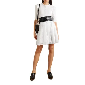 Clothing Manufacturer Custom Spring Summer White Leather Trim Embroidery British Cotton Women Elegant Casual Mini Skirt