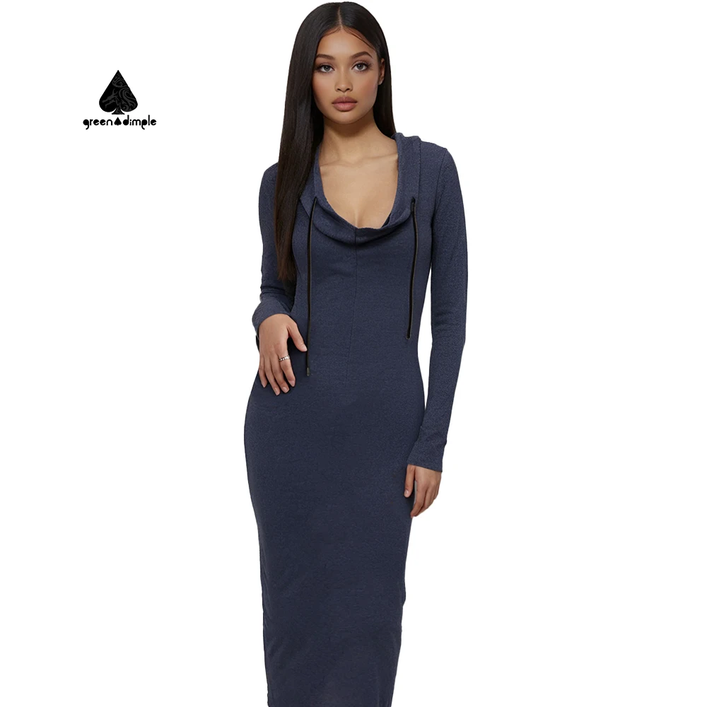 Custom Dress Manufacturer Designer Long Sleeve Slit Hoodie Low Cut Pencil  Dress Custom Women Knitted Bodycon Casual Dresses