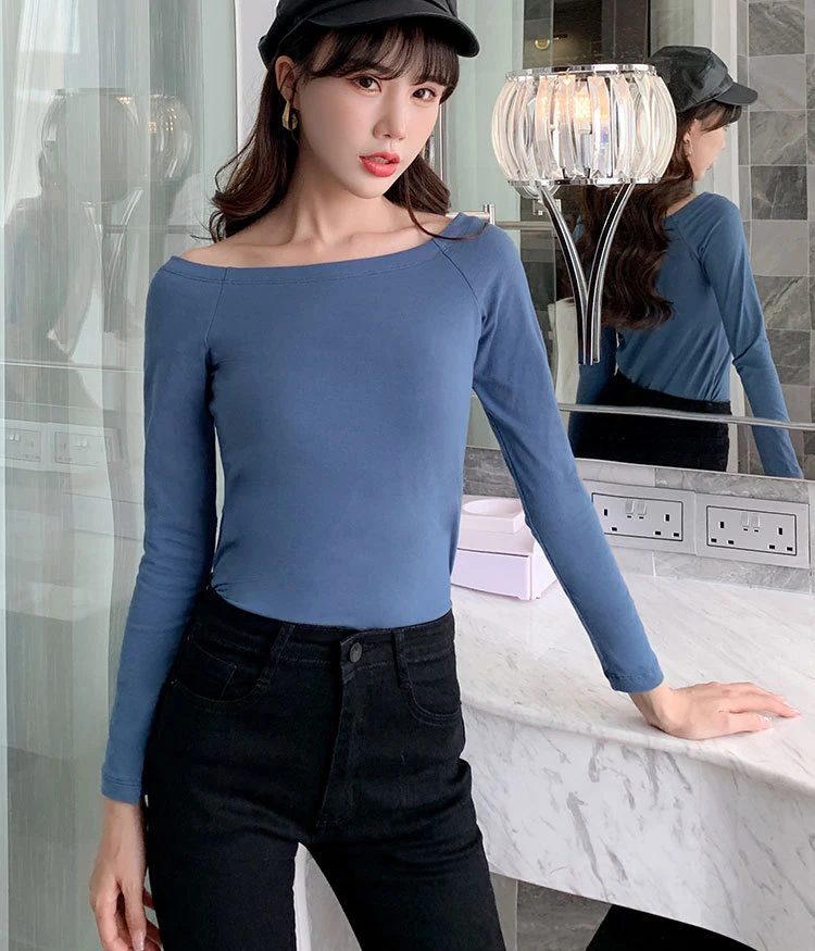 95% Cotton 5% Spandex Long Sleeve Women Off-shoulder Tshirts With ...