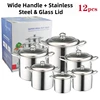 Manico Largo + Acciaio Inox &amp; Coperchio in Vetro 12 pezzi - 20-22-24-26-28-30 cm