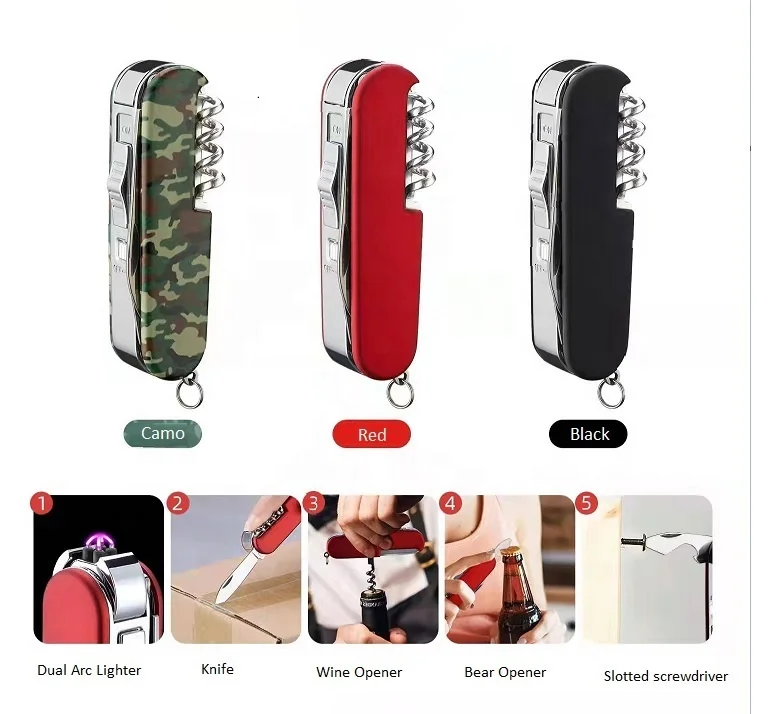 5 in 1 Multifunction Double Arc Lighter With Penknife Bear Opener Windproof Electronic USB Rechargeable Plasma Lighter