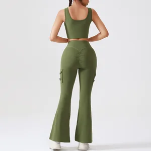 Women's Cargo Pocket Yoga Set 2026 High Waist Flared Leggings Crop Top 4-Way Stretch Quick Dry Workout Outfit for Gym Fitness