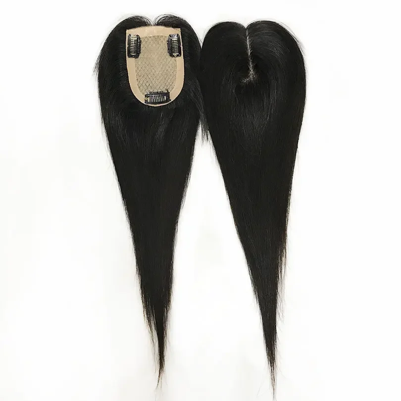 Topper per capelli umani vergini in seta fatto a mano con base in seta per donne, cuoio capelluto naturale, con clip, capelli lisci_voghion.com