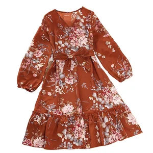 2022 Autumn Winter New Teen Girls Clothing Vintage Floral Printed Long Sleeved Kids Princess Dresses Wholesale Children Dress