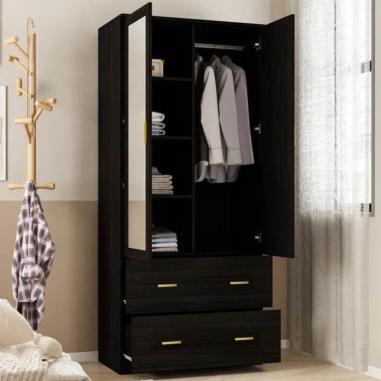 Modern Wooden Bedroom Furniture Clothes Organizer Wardrobe Closet Storage Cabinet Armoire with Glass Partitions and Clothes Rail
