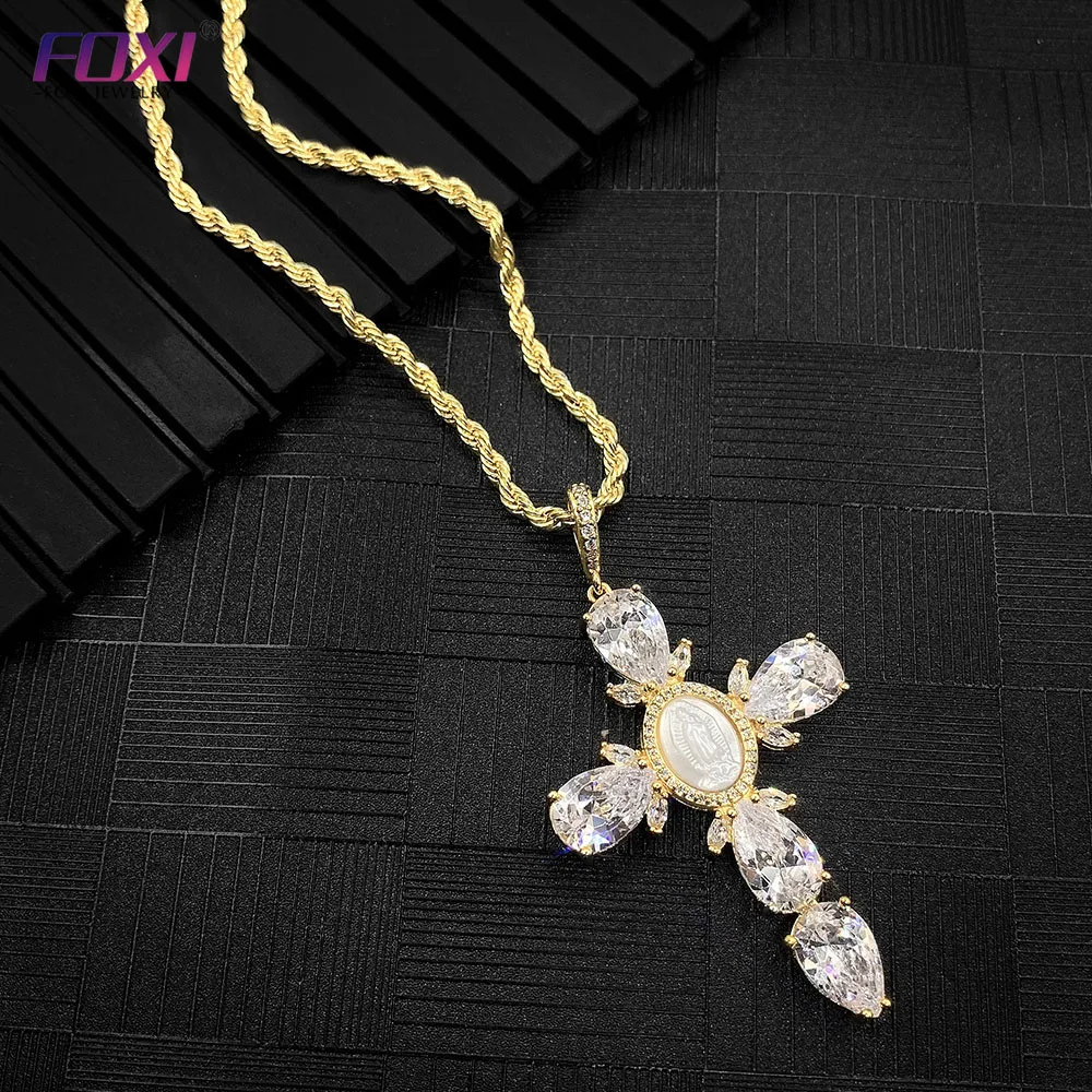 For Foxi Silver Gold Plated Virgin Mary Shell Necklace Custom Logo Religious Cross Jewellery with Zircon Brass As Main Ston