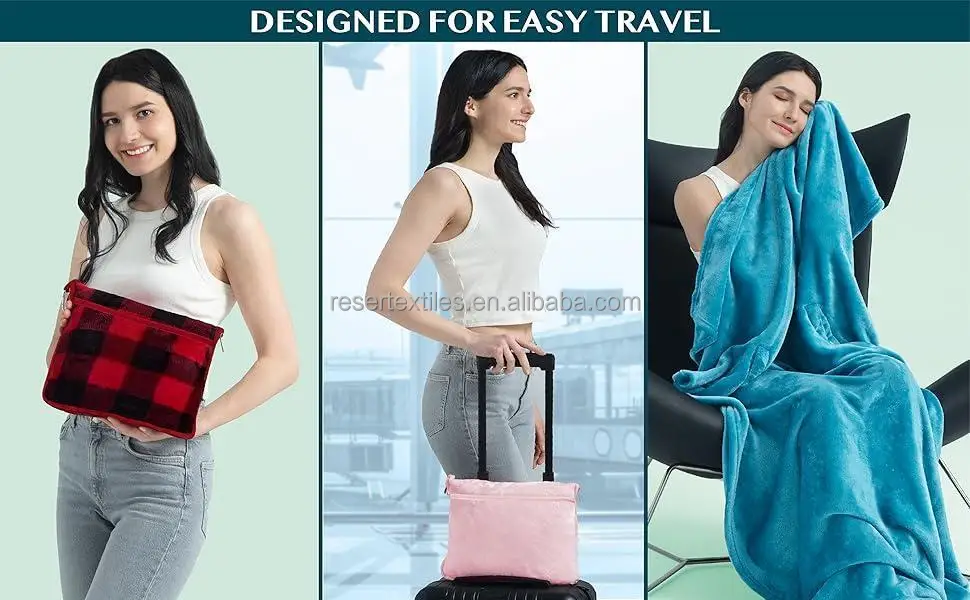 2-in-1 Super Soft Knitted Flannel Throw Zipper Bag Pockets Carabiner Luggage Strap Convenient Multipurpose Travel Blanket Pillow