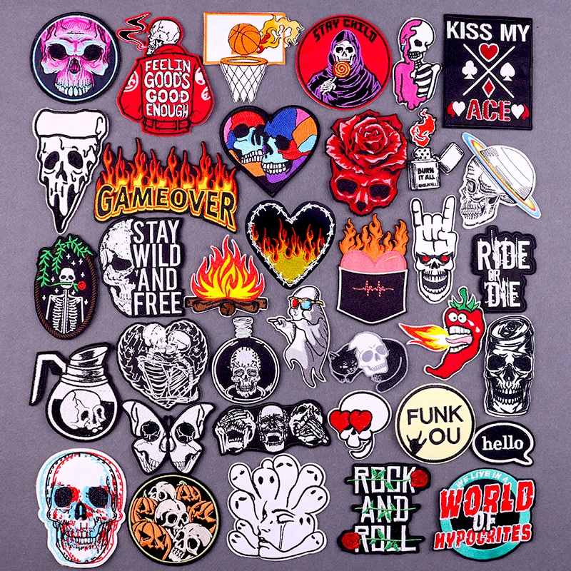 Custom DIY Personality Logo Patches Flame Letters Ghost Face Iron on Embroidered Patches for Clothing