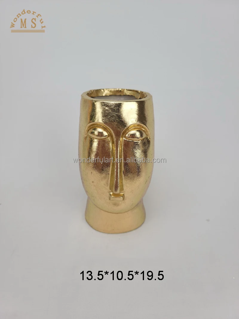 Gold Color Human Face Shaped Flower Pot Unique Head Statue Small Planter Pot Ceramic Vases