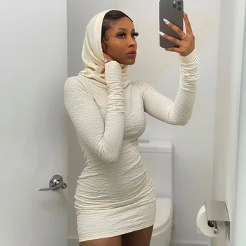 2021 Fall Clothes Outfit Wrap Bodycon White Streetwear Tighter Sexy Mini Long Sleeve Sweater Dress Knit Hooded Dresses Women
