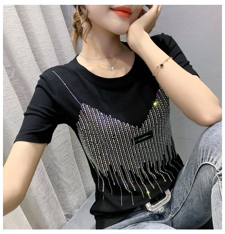 Fashion Rhinestone T Shirt Short Sleeve Women's 2021 Summer Crew Neck ...