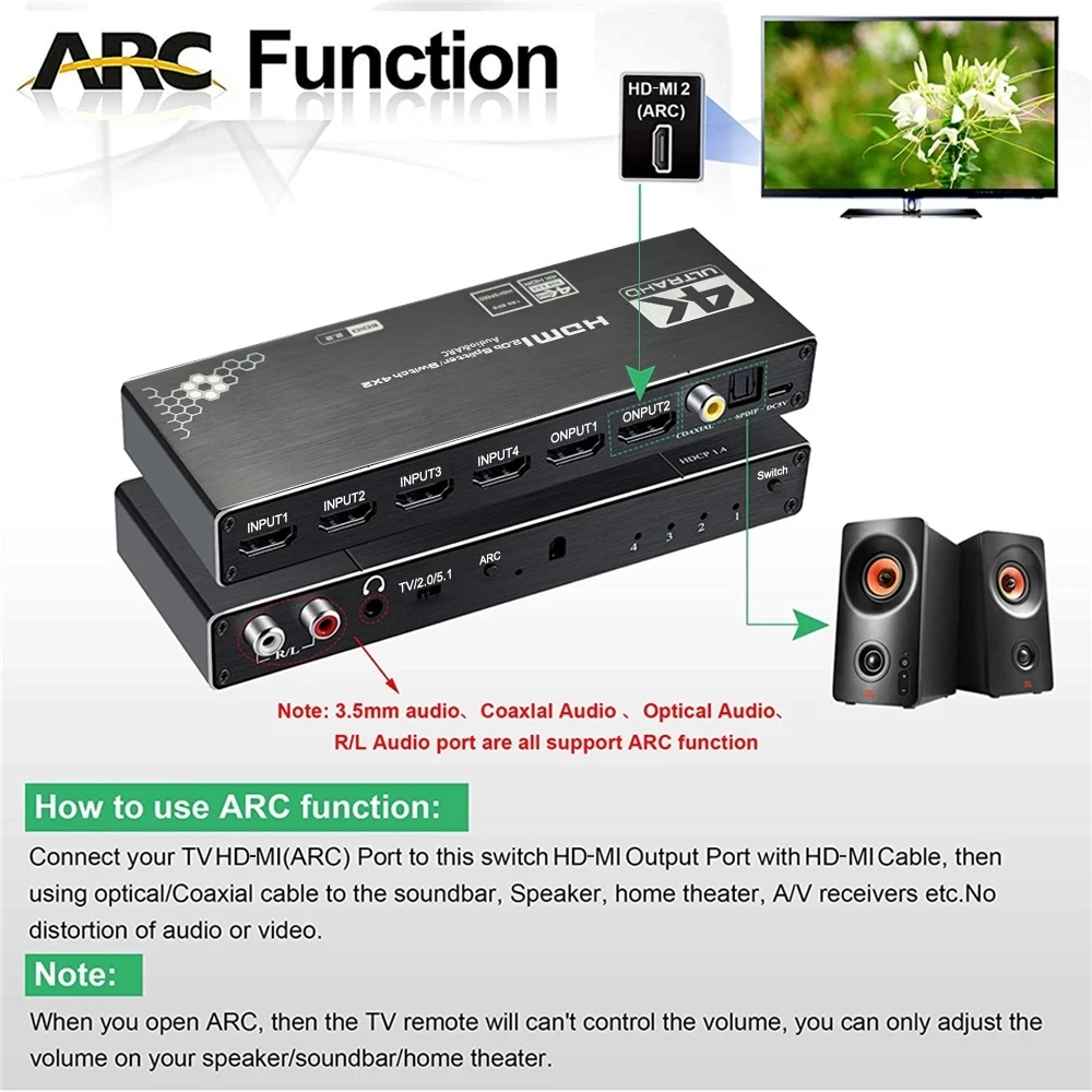 JustLink 4K 4x2 HDMI Switcher Splitter 4 Input 2 Output Switch with ARC R/L 3.5mm Aux Coaxial SPDIF Audio Extractor