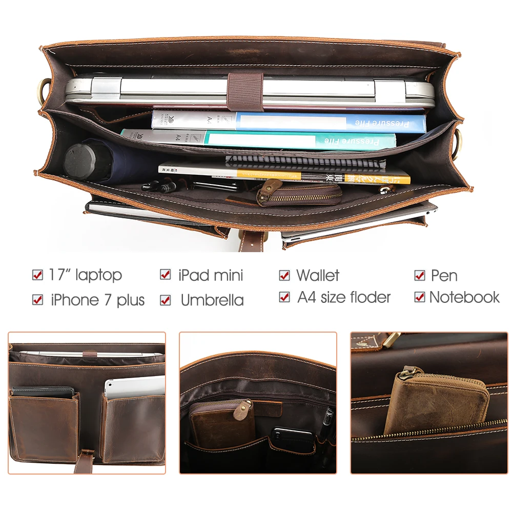 Tiding 2025 New Arrival Vintage Style Brown Real Cowhide Crazy Horse Genuine Leather Laptop Bag Business Briefcase for Men
