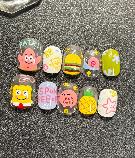 Mona design kids children sponge bob cartoon character  press on nail handmade nail supplier