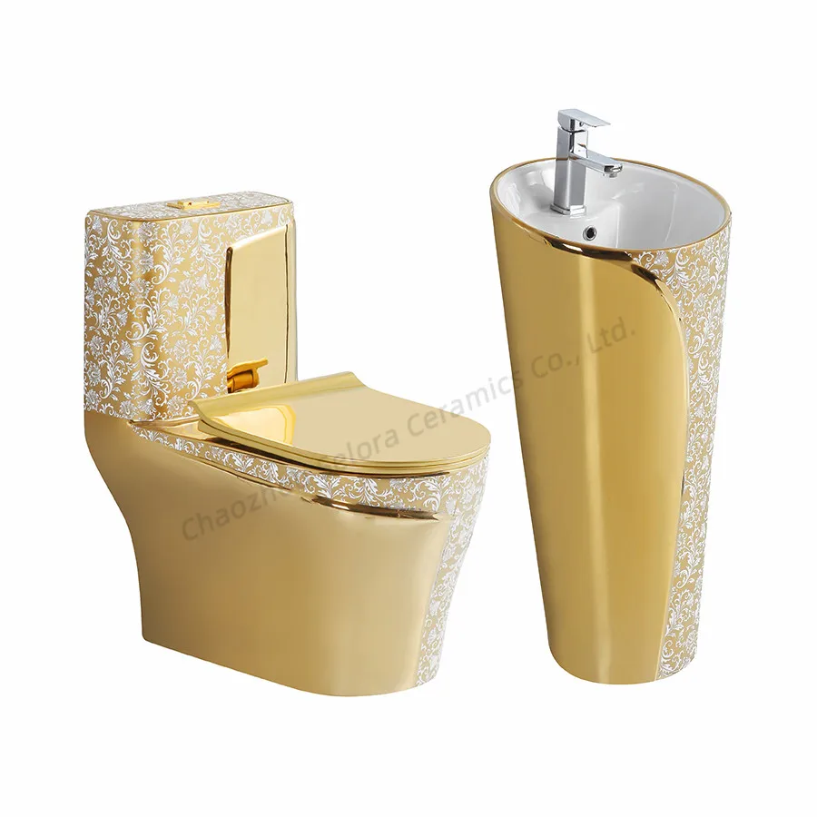 Golden Luxury Bathroom Sanitary Ware Suite Wc One Piece Ceramic Commode Basin Toilet Bowl Gold 5837