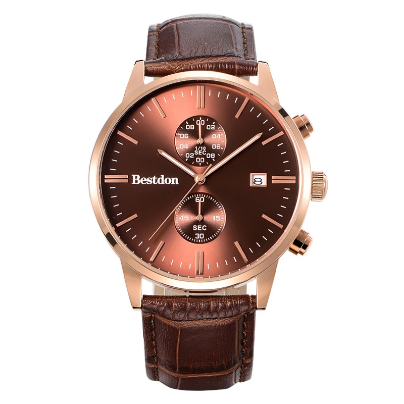 Casual and Sport Style Clock for Gift Choice Genuine Leather Band Multi Function Mens Chronograph Watches Waterproof 3ATM
