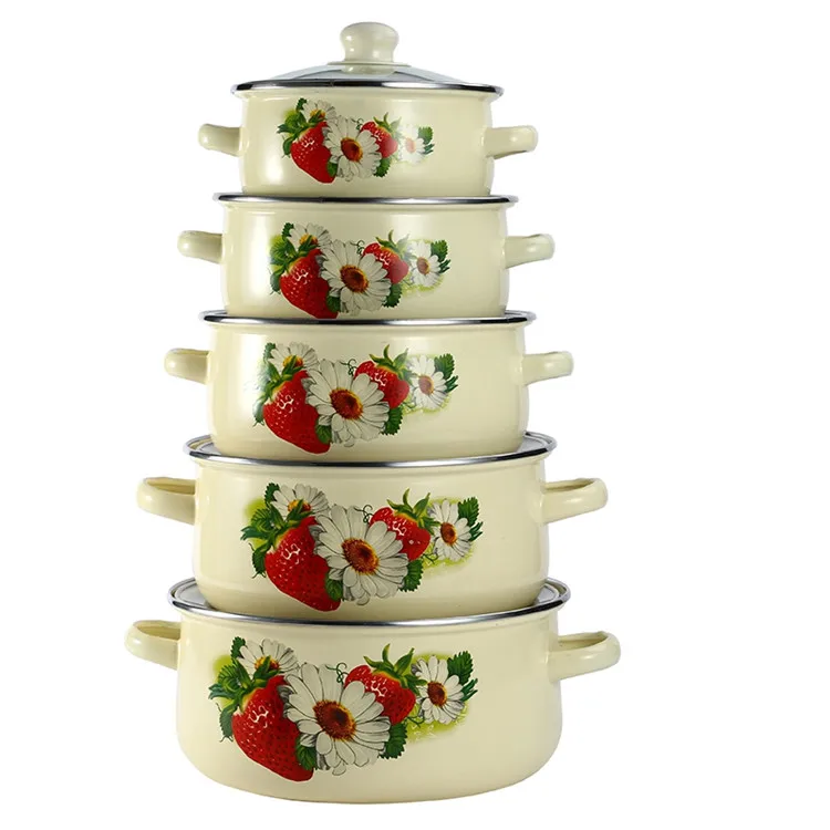 Lot 5 casseroles émaillés - Décor floral