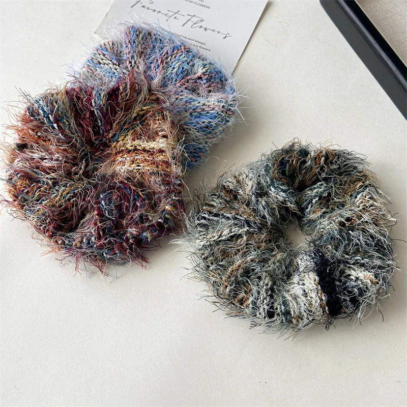 Sweet Autumn Winter Hair Accessories Soft Mixed Color Mohair Yarn Knitting Stripe Plush Scrunchies Elasticity Bands