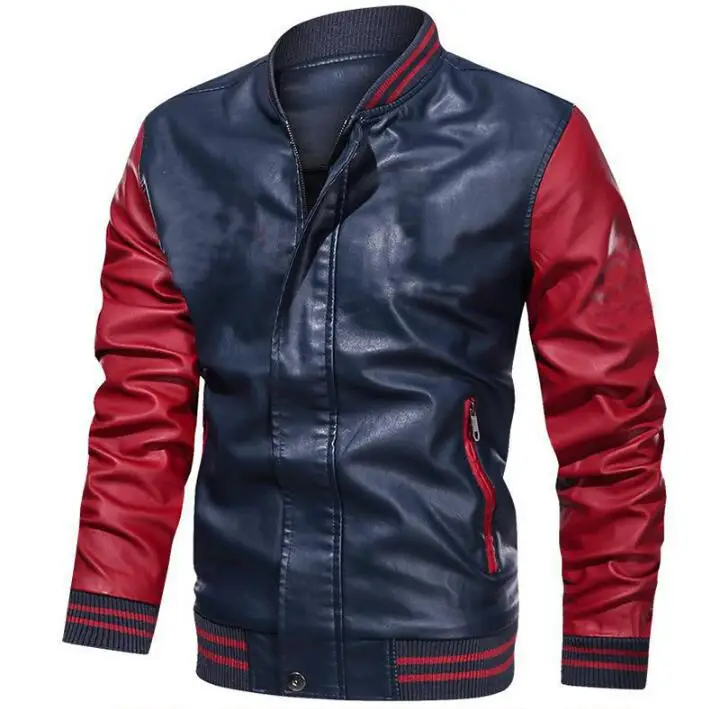 Autumn Winter Slim Fit Coat Red Black Patchwork Motorcycle Waterproof Pu Leather Jacket For Men_voghion.com