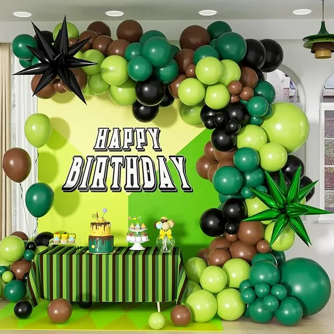 Green and Brown Balloon Arch Garland Kit with Brown Black Dark Lime Green Balloons for Jungle Video Game Theme Baby Shower