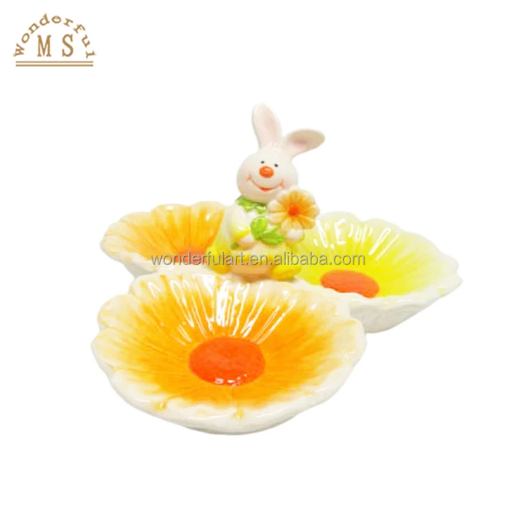 Oem 3d Style tray Kitchenware Ceramic porcelain Yellow Daisy Egg Rabbits Bowls flower dish Tableware for Easter Day