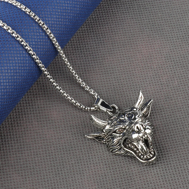 Long 3d Wolf Head Metal Pendant Necklace Retro Punk Men's Jewelry ...