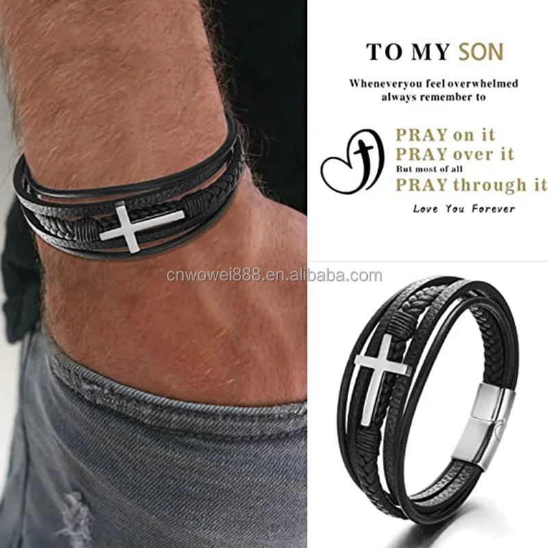 Wowei Classics Punk Cross Handmade Braided Leather Rope Bracelet