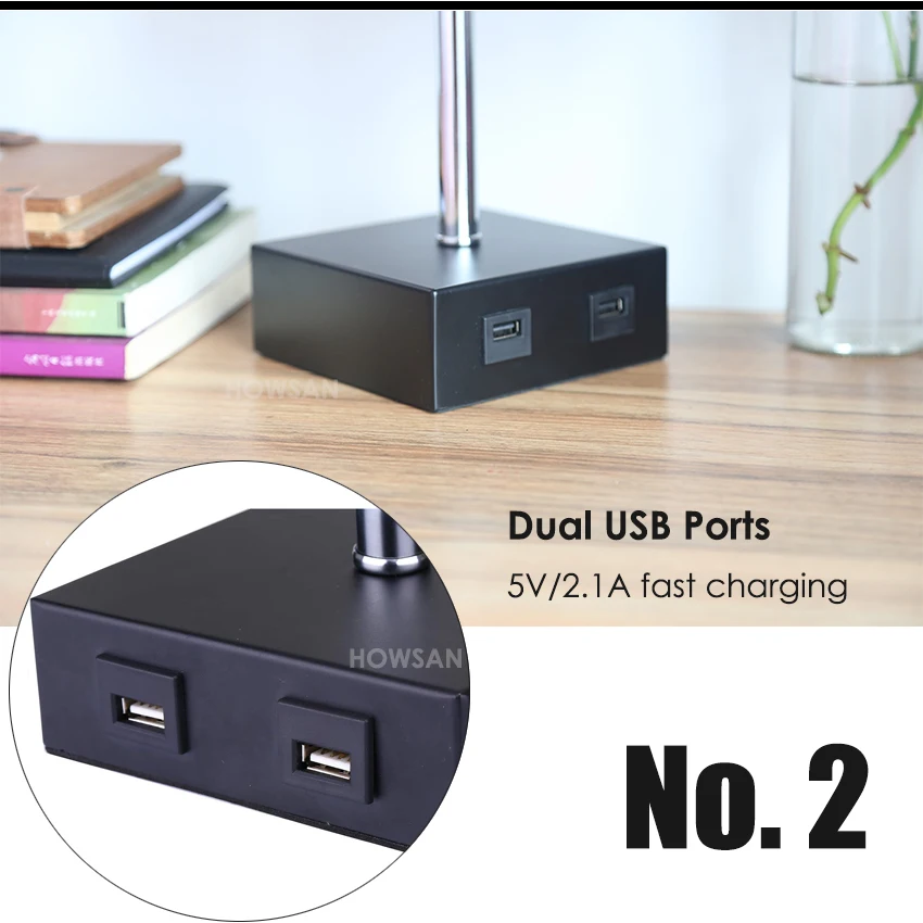 Настольная USB-лампа, прикроватные лампы с 2 USB-портами для зарядки для спальни, ночник с серой тканевой затеняющей подставкой