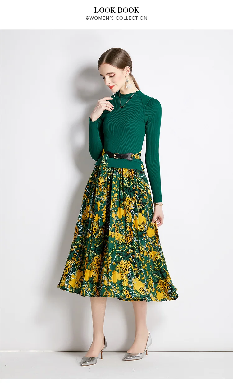 New Arrivals Women Knit Print Dress Gentle Pleat Dress Lady Floral