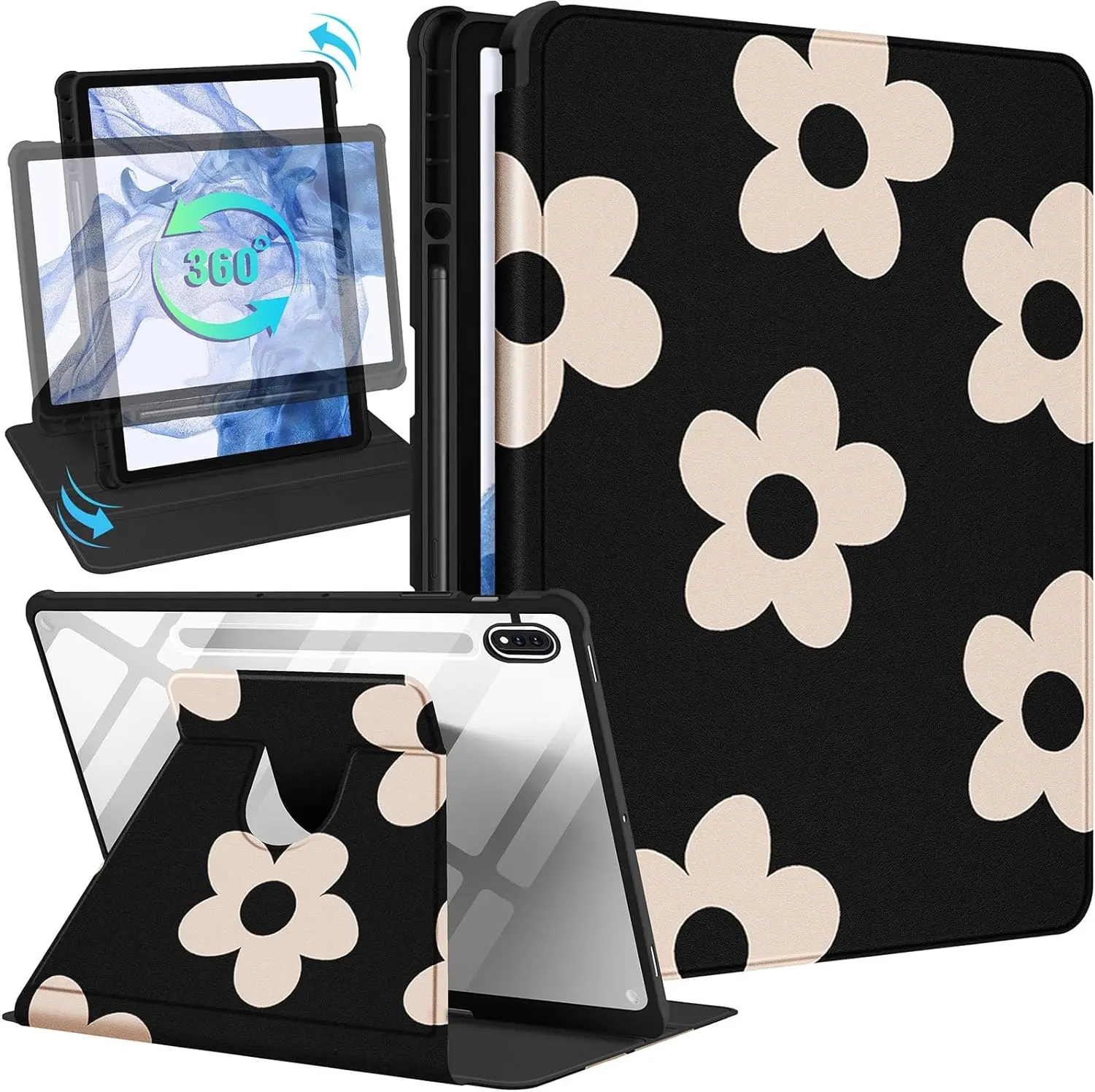 Case for Samsung Galaxy Tab S9 FE Plus 12.4 Inch Rotatable Folio Cover with Pencil Holder Girly Flower Cute for Girls Women