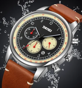 SKMEI  9318   Leather Strap Business Classic Fashion Three Eyes Six Needles Small Dial Waterproof Glass Men's Quartz Watch
