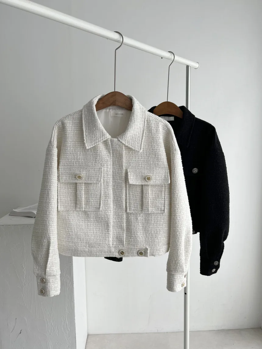 2024 Autumn New Item Lapel Double Pocket Loose and Versatile Long Sleeved Zipper Coarse Woolen Women's Coat_voghion.com