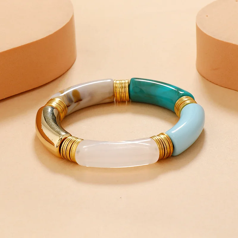 3 pezzi nuovi braccialetti acrilici di bambù color oro della Boemia set per le donne braccialetti elastici con perline a tubo sottile in resina braccialetti 2024 gioielli  36