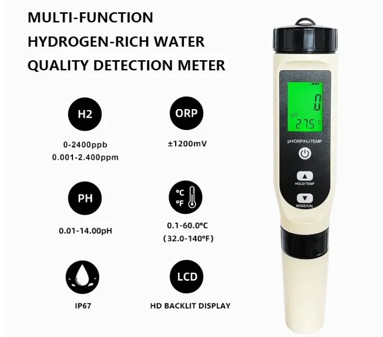 4 in 1 pH H2 ORP Temp Test Kit Hydrogen Water Ppb/ppm Meter Dissolved Hydrogen Test Pen for Hydrogen Water with ATC & Backlight