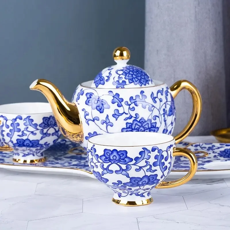 Unique Bone China Blue Pattern Colorful Bird Decal Tea Set Coffee Cup and Saucer Set