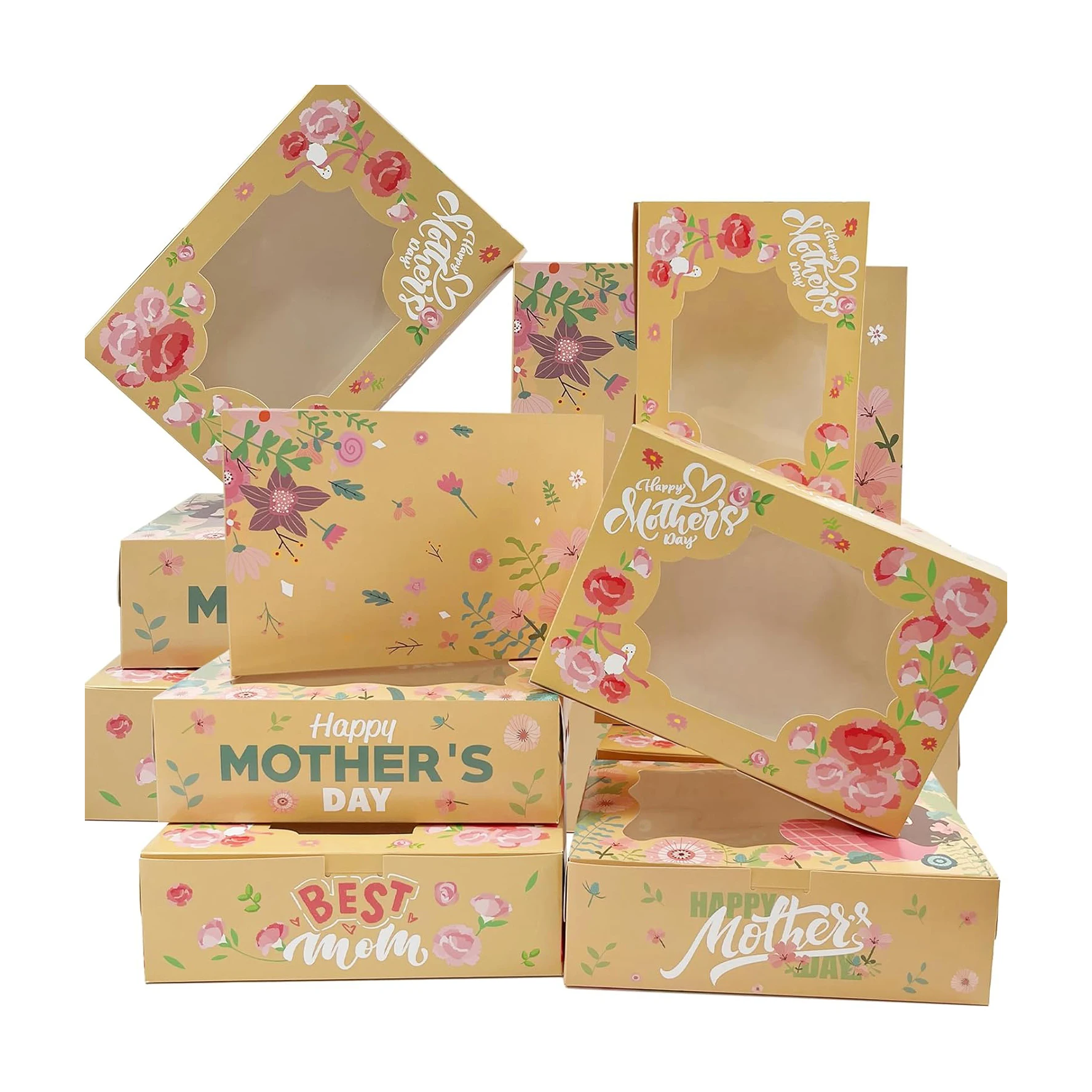 Brown Cardboard Box and square Transparent Window Brand logo Custom Floral Pattern Mother's Day Fortune Cookies Packing