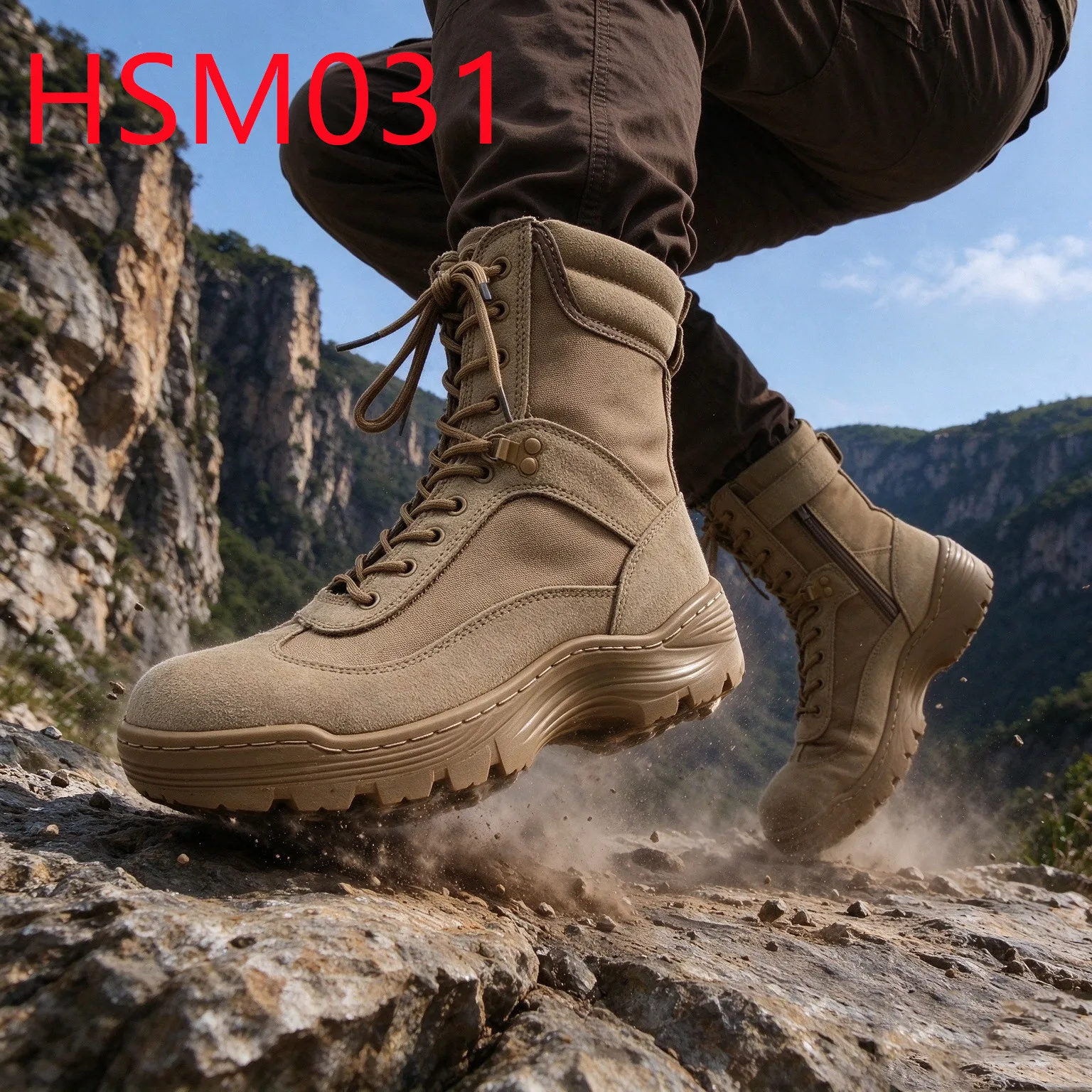 HY,Factory Price Shockproof Stitching Sole Hua Singh Male Combat Boots Side Zip&velcro Design Black/tan Trekking Boots HSM031