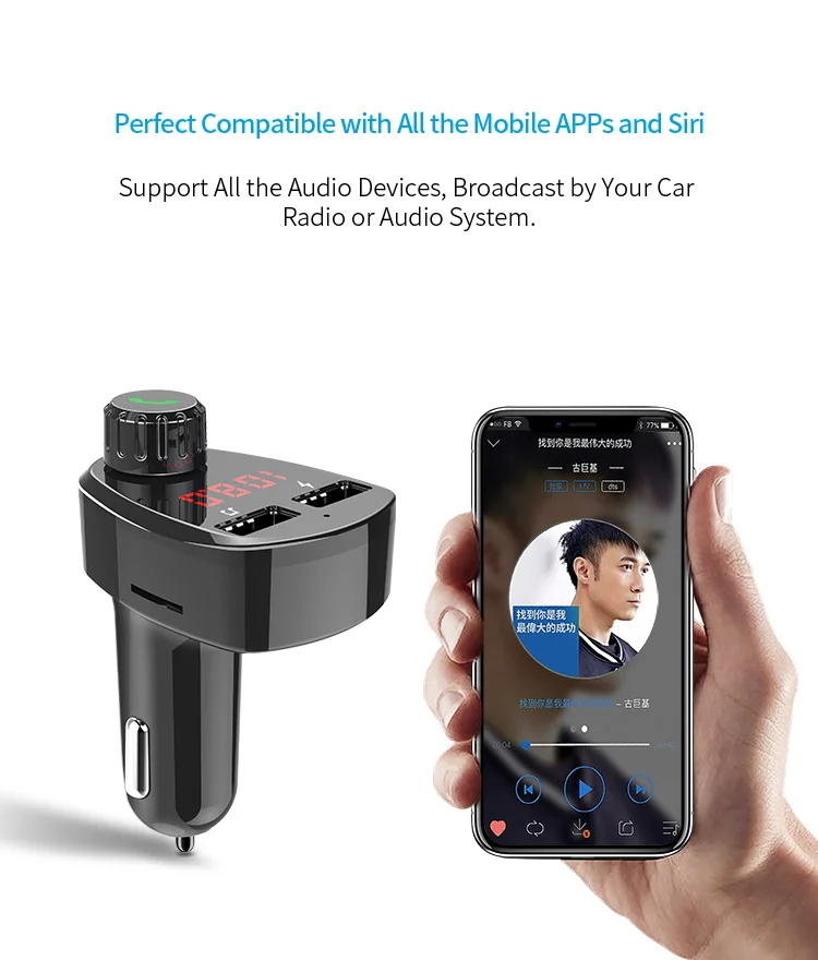 Transmisor FM Inalámbrico Para Coche - Bluetooth, USB, AUX, MP3, Manos Libres, Carga Rápida 5V/1A