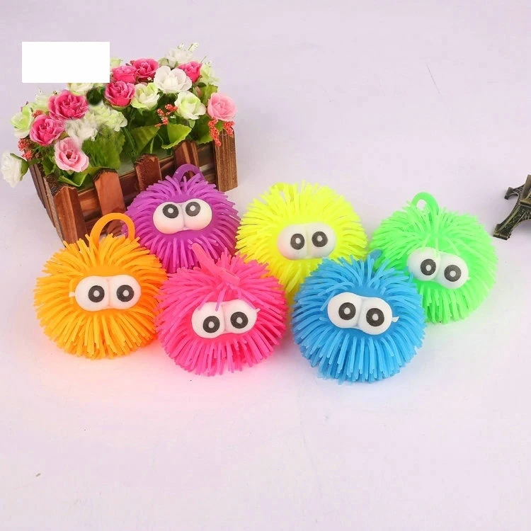 Factory Custom Light Rubber Flashing Toy Led Soft Hairy yoyo Puffer Ball with Eyes