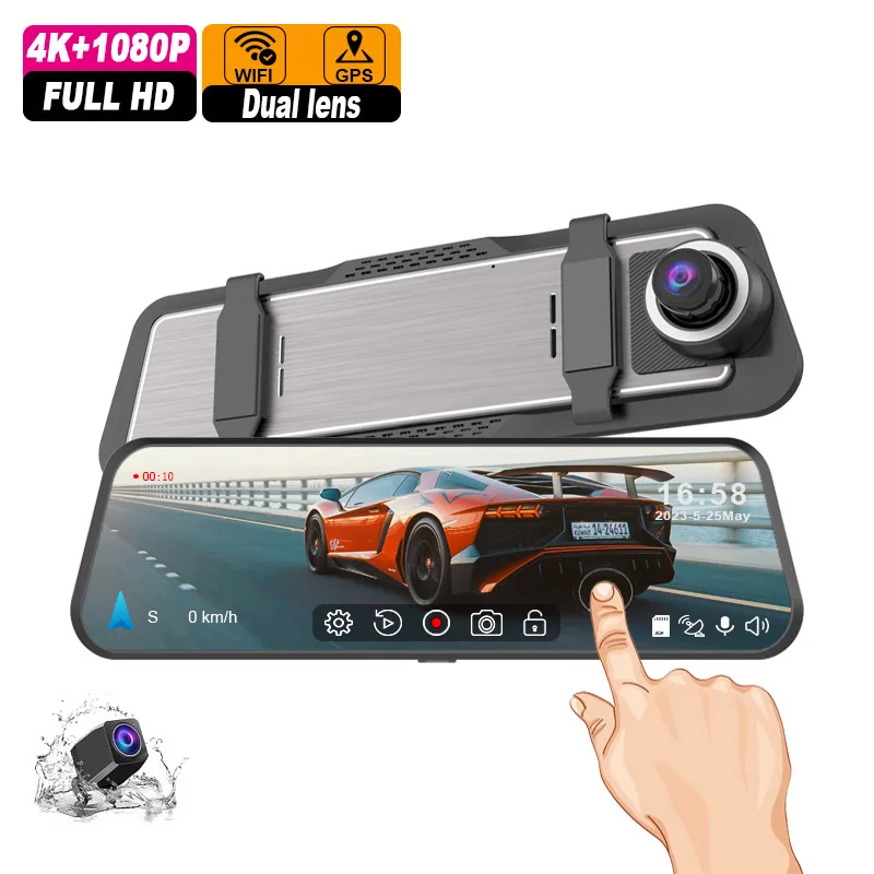 10 Inch Touch Screen Car Mirror Camera 4k Wifi Gps Dash Cam Doble Camara Mirror Car Dvr Dual