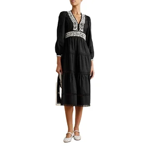 Knitwear Manufacturer Custom Spring Autumn Black V Neck Long Sleeve Crochet Trim Elegant Casual Cotton Dresses Women Sexy