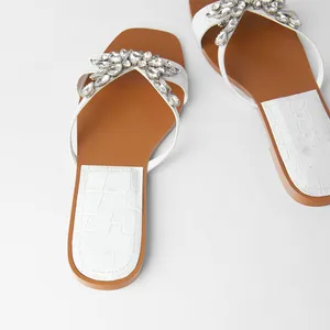 Brand new design summer shining diamond women flat slippers open toe square head hollow ladies sandals