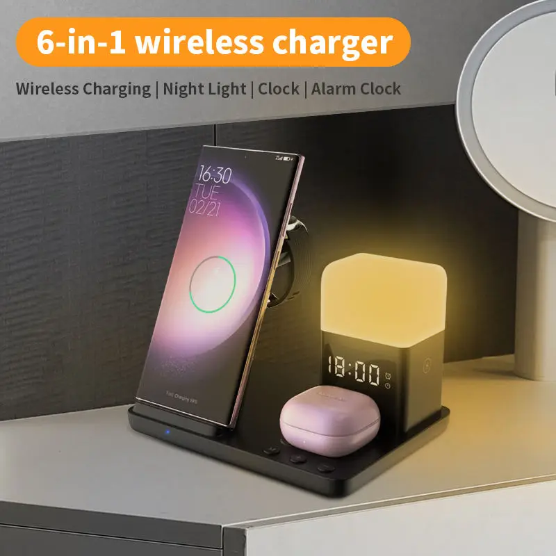 6 in 1 15W Fast Charging Magnetic Multifunction Wireless Charger with Alarm Clock Light LED Desk Lamp for iPhone Samsung Android