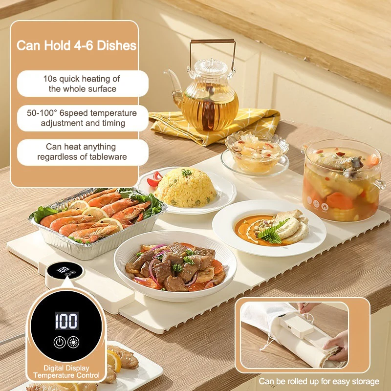 Small Portable Touch Control Timer Rollable Silicone Fast Heating Electric Food Warming Mat Hot Plate for Kitchen With Display
